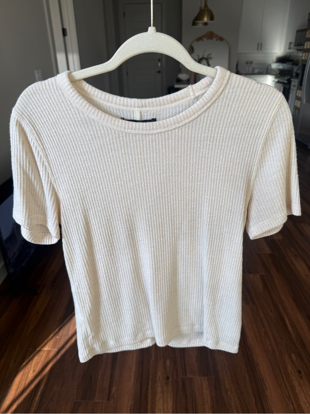 Cream Ribbed Short-Sleeve Women's Top